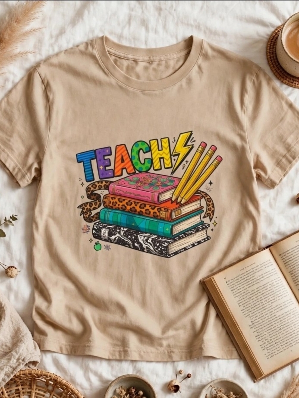 Teacher Graphic Tee in Beige/Red NWT